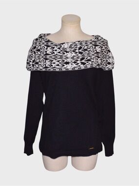 Anne Klein Black White Jacquard Off Shoulder Sweater